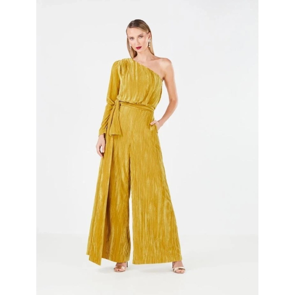New BCBG MAXAZRIA One Shoulder JUMPSUIT YELLOW Crinkle Velvet TIE WAIST XS